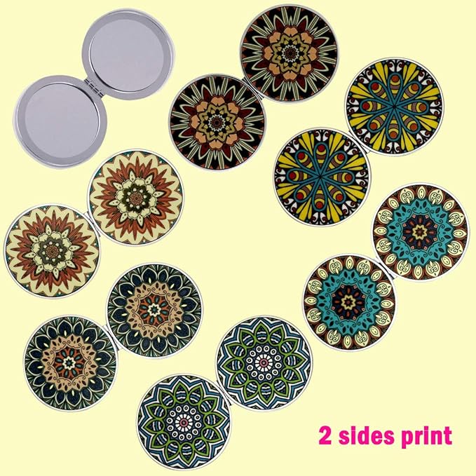 Magnifying Travel Makeup Compact Mirror Small Mirrors Bulk Handheld Pocket Purse Folding Portable Dual Beauty Cosmetics Mini Mirror for Women Girls Lady Men Mandala Mixed Designs 6 Pack