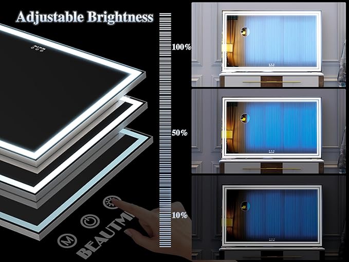 BEAUTME Vanity Mirror, Large Hollywood Mirror with Lights for Tabletop,Lighted Makeup Mirror for Dressing Room & Bedroom, Desktop Mirror/Wall Mounted Mirror 1.8M Cable,Silver(101.6 × 62cm)