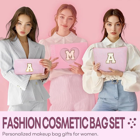 2 PCS Initial Makeup Bags for Women: Cosmetic Bag for Travel Toiletry - Birthday Gifts for 11 12 13 14 15 16 17 18 Years Old Girl Graduation Teacher Gift- Teen Girl Gifts Trendy Stuff - Light Pink S