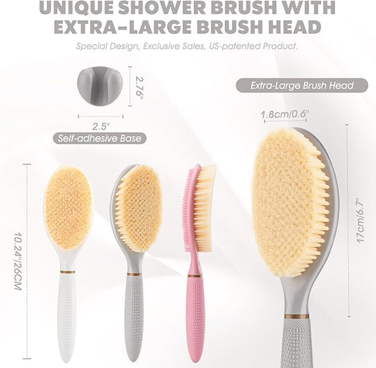 New Body Scrubber for Wet or Dry Brushing, Anti-Slip Corn-Handle Shower Brush with Large Dual-Side Head & Soft Bristles, Easy-to-use Bath Brushes for Lathering Cleansing(Gray-S)