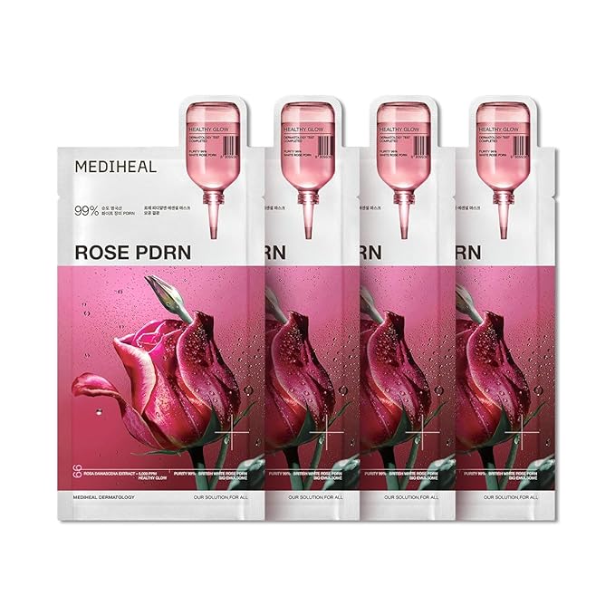 Mediheal Rose PDRN Essential Sheet Mask 4 pcs. 99% Pure White Rose PDRN & Hyaluronic Acid for hydrating, firming, and enhancing moisture barrier, skin firmness, and glow. Vegan formula.