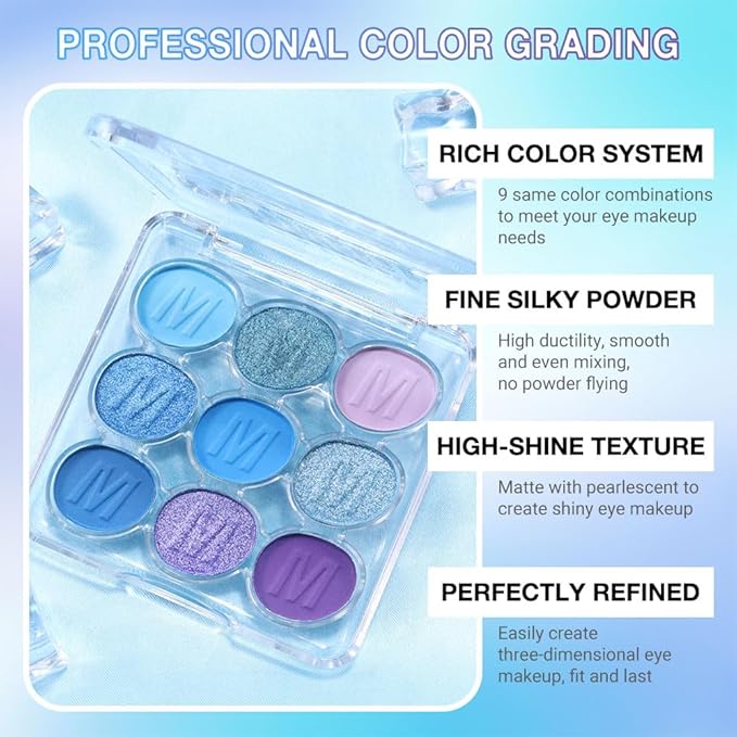 9 Colors Blue Violet Eyeshadow Palette Makeup, Blendable Matte Shimmer, Light Steel Violet Deep Sky Blue Light Steel Cornflower Amethyst Purple Palette Eye Shadow, 03