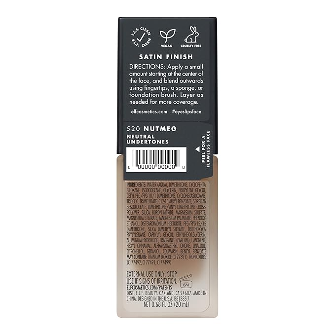 e.l.f. Flawless Satin Foundation, Lightweight & Medium Coverage, Semi-Matte Finish, Vegan & Cruelty-Free, Nutmeg, 0.68 Fl Oz (20mL)