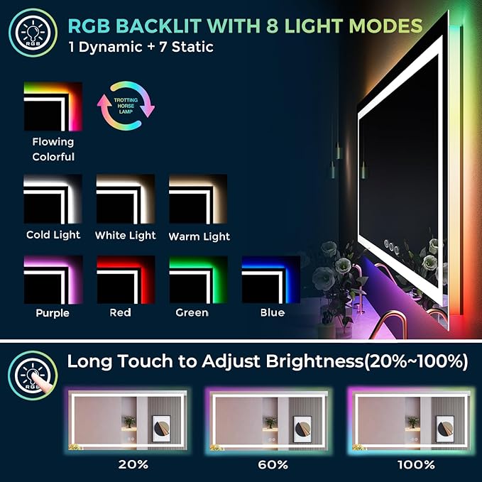 68x38 Inch RGB LED Bathroom Mirror Front Light and RGB Backlit Lighted Vanity Mirror for Bathroom Wall Mounted Dimmable Anti Fog Memory Shatter-Proof IP54 Waterproof Horizontal/Vertical