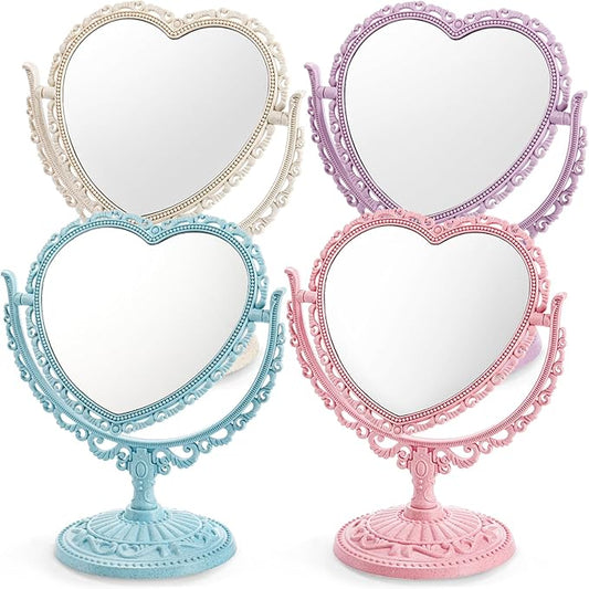 DEAYOU 4 Pack Heart Shaped Cosmetic Mirror, Vintage Vanity Tabletop Mirror with Double Sided, Rotatable Dresser Mirrors with Stand for Makeup, Girl, Women, Beauty, Spa Party, 4 Color