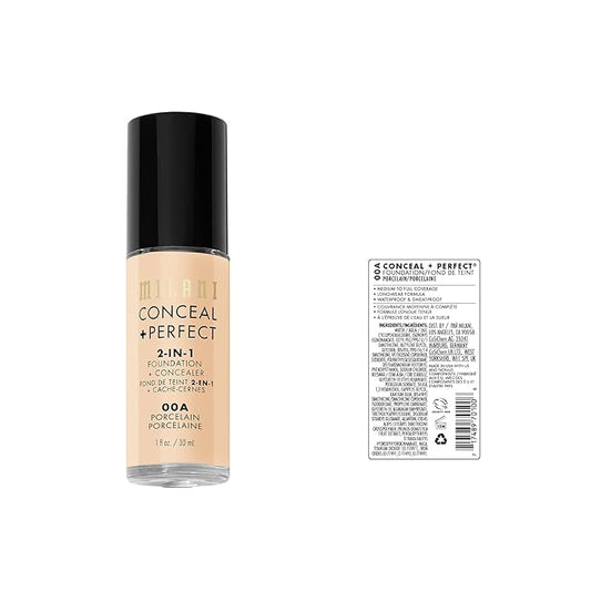 Milani Conceal + Perfect 2-in-1 Foundation + Concealer (1 Fl. Oz.) Liquid Foundation - Cover Under-Eye Circles, Blemishes & Skin Discoloration for a Flawless Complexion (Porcelain)