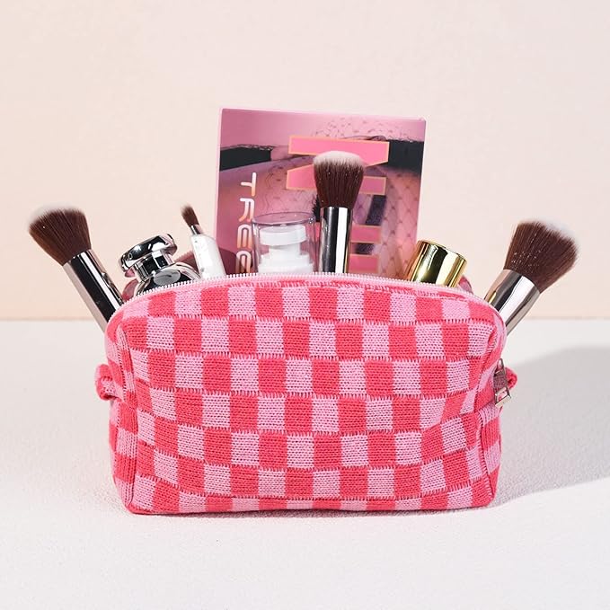 6 Pcs Preppy Makeup Bag Bulk Checkered Cosmetic Bag Pink Makeup Pouch Personalize Travel Toiletry Bag Organizer Cute DIY Makeup Brushes Storage Bag for Women