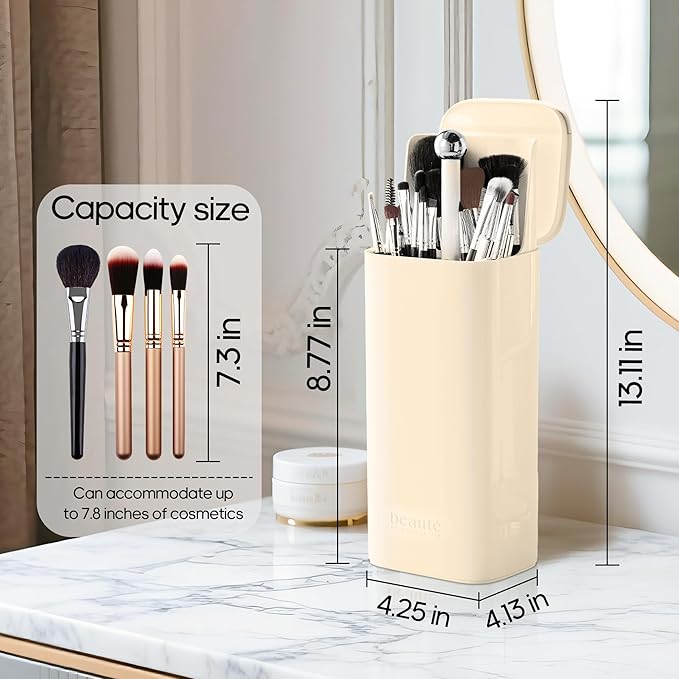 Makeup Brush Holder with Lid,One Touch Open 4 Slot Makeup Brush Case with Waterproof Dustproof,Brushes Storage Holder for Vanity, Dresser, Desk (Cream white)