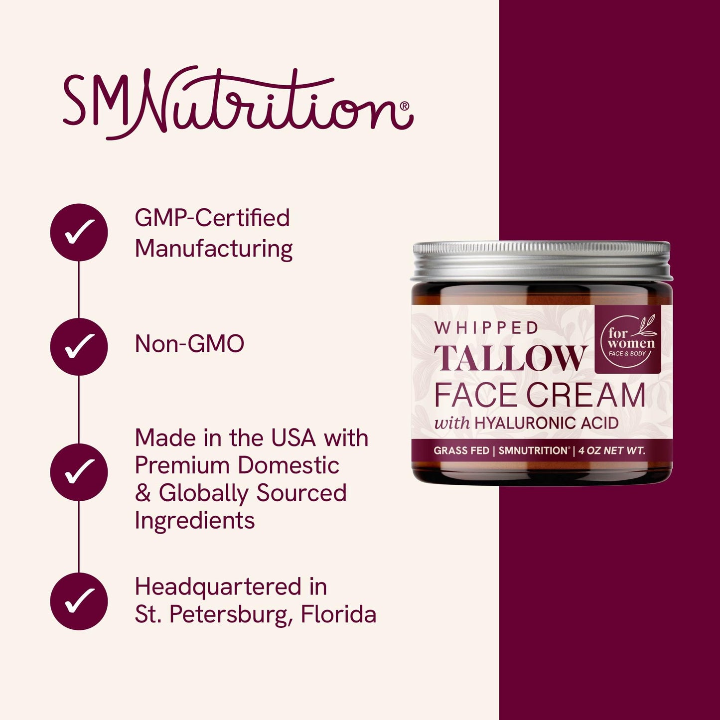 Beef Tallow Face Moisturizer for Women | With Hyaluronic Acid | Hydrating Whipped Beef Tallow for Skin Care for Women | With Jojoba & Sweet Almond Oil | Paraben & Cruelty-Free, Non-GMO | 4 oz