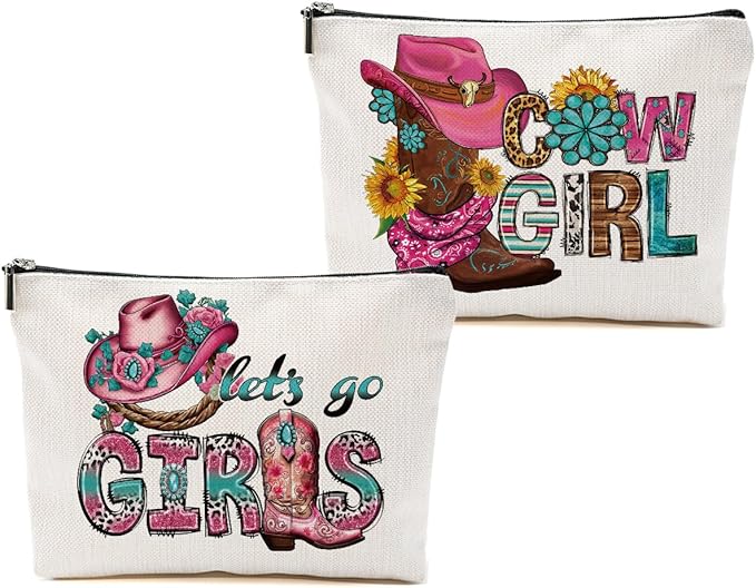 2pcs Western Makeup Bag, Let's Go Girls Cowgirl Hat Boots Cosmetic Bag Cowgirl Gifts for Women Female Girls Sister BFF, Cowboy Boots Gifts Christmas Birthday Gift, Western Stuff Travel Toiletry Bags