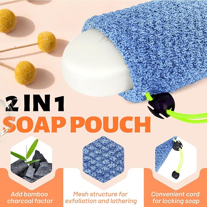MIG4U Exfoliating Soap Bag for Shower 2 Pieces - Bar Soap Saver Pouch, Bamboo Body Scrubber Exfoliator Pocket in Travel Bathing, Blue