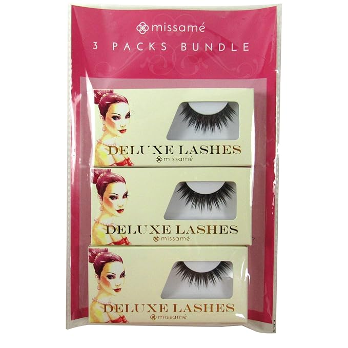 Missamé FLIRT Deluxe Party False Eyelashes Set Handmade with Premium Synthetic Fibers, Black, 3 Pairs
