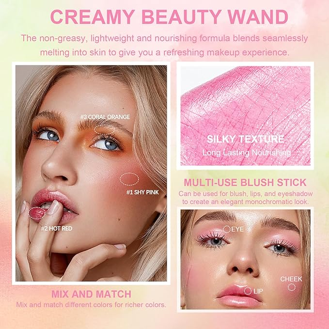 Cream Blush Stick, Monochromatic Blush Beauty Wand for Cheek and Lip Tint with Long Lasting Hydrating Formula, Multi-use Makeup Stick for Blends Perfectly onto Skin, 0.6 oz (1# Shy Pink)
