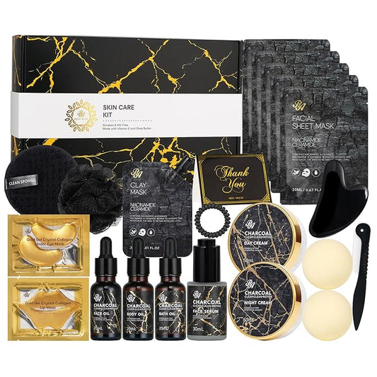 Charcoal 23 Pcs Skin Care Set for Women & Men, Bath and Body Kit, Spa Gift Baskets, Birthday Gifts, Cream, Serum, Face Oil, Sheet Mask, Clay Mask, Bath Bombs, Christmas, Valentines, Mother Day, Dad