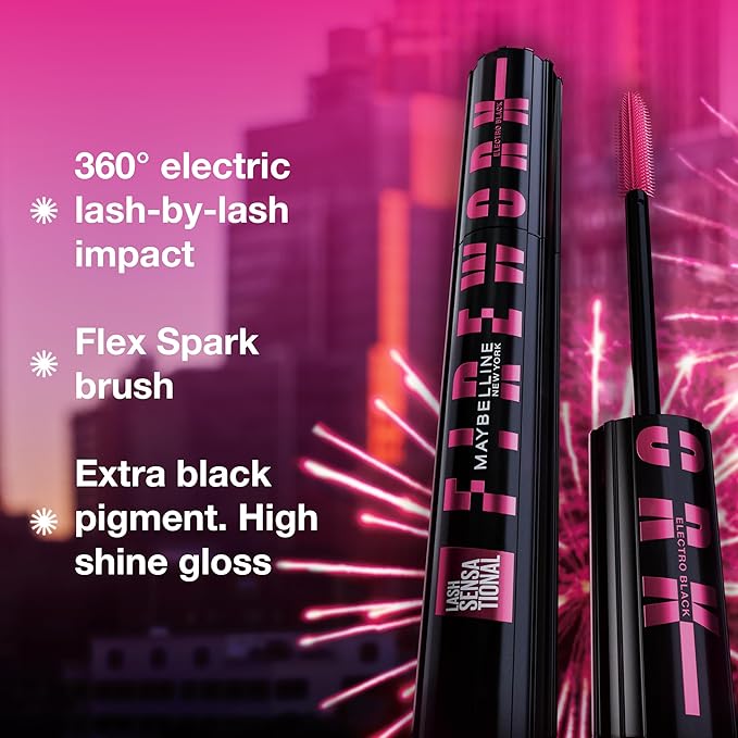 Maybelline Lash Sensational Firework Washable Mascara, Lengthening & Volumizing Mascara for up to 24HR wear, Electro Black, 1 Count