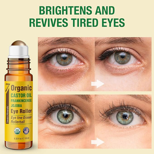 Seven Minerals Castor Oil Roll On Eye Roller for Under Eye Bags, Dark Circles & Wrinkles - Powerful Organic Blend of Castor, Frankincense & Jojoba - Brighten, and Revitalize Skin & Face - 0.33 fl oz