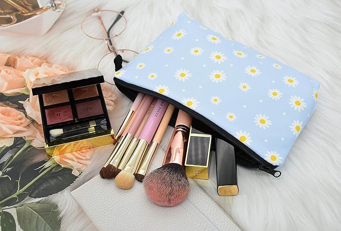2 Pcs Cosmetic Bag for Women Small Make Up Bag Waterproof Travel Toiletries Pouch with Zipper for Organizing Small Items, Gift Bags for Birthday Christmas(Daisy Flower 2)