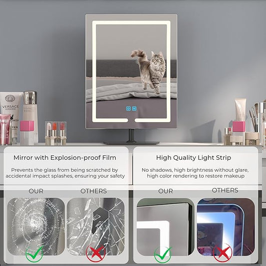 Makeup Mirror with Lights, 12.6 x 17.7 Inch LED Vanity Mirror, Lighted Makeup Mirror with Dimmable 3 Modes, Smart Touch Control, Aluminum Frame and Tempered Glass Base, Bronze