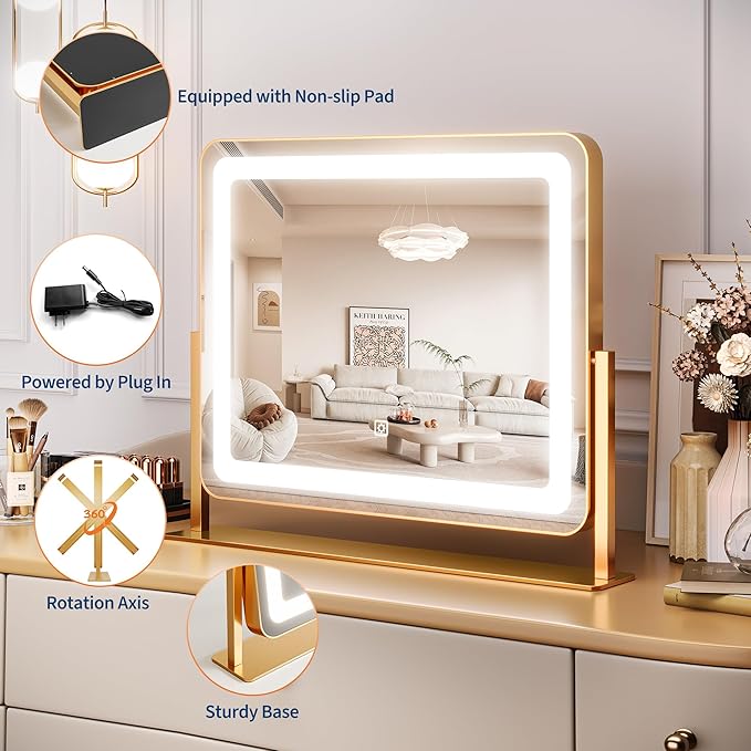 19.6"x15.7" Vanity Mirror with Lights, Large Lighted Mirror, LED Makeup Mirror with 3-Color Dimmable Modes and Smart Touch Control, Perfect for Desk or Bedroom, Vanity Desk Tabletop Makeup, Gold