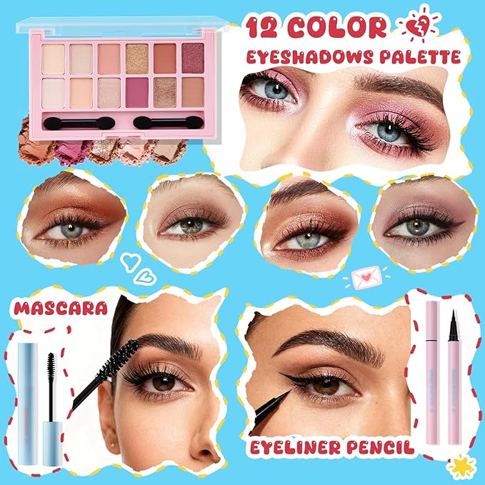 Color Nymph Makeup Sets For Teens Girls with Cutie Pie Handbag, All In One Girls Makeup Kits for Girl Women Full Kit Included Eyeshadow Blush Contour Highlighter Lipgloss Mascara Eyeliner and Mirror
