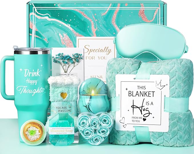 Christmas Birthday Gifts for Women, Self Care Get Well Soon Gift Baskets for Mom Her Sister Wife Girlfriend, Ocean Relaxing Spa Care Package w/Blanket 40 OZ Tumbler - Valentines Mothers Day