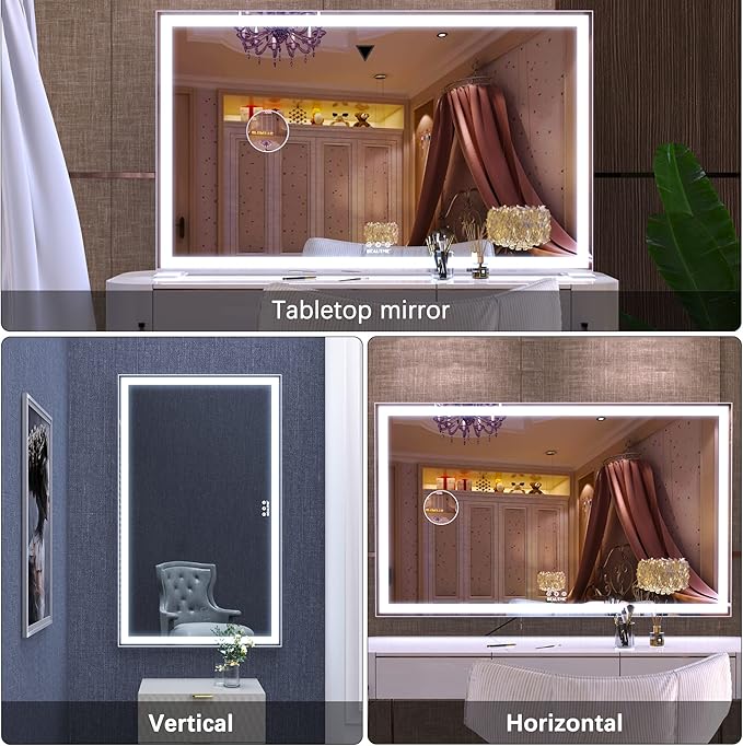 ANYHI Extra Large Vanity Mirror with LED Light, 40"x24.3" Hollywood Vanity Mirror with 10X Magnifying, Big Size Makeup Mirror, Tabletop/Wall Mounted, White