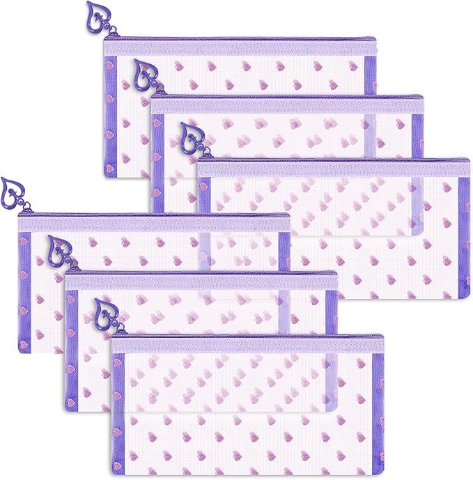 6 Pack Mini Zipper Mesh Makeup Bags, Heart Print Nylon Cosmetic Bags Toiletry Bags for Office Travel Organization (Purple, M)