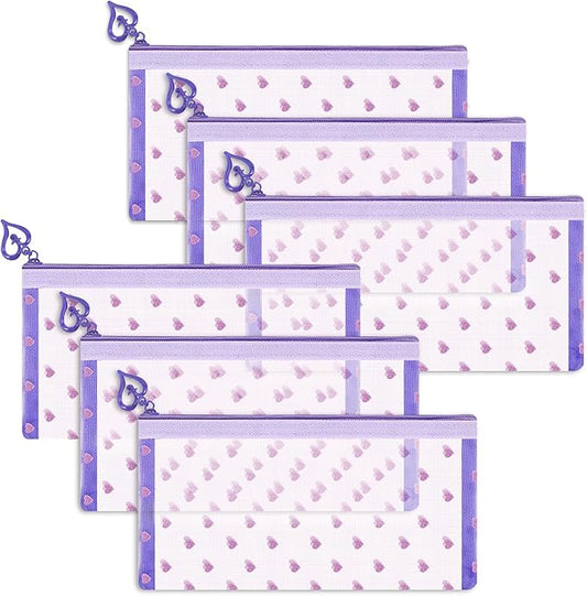 6 Pack Mini Zipper Mesh Makeup Bags, Heart Print Nylon Cosmetic Bags Toiletry Bags for Office Travel Organization (Purple, M)