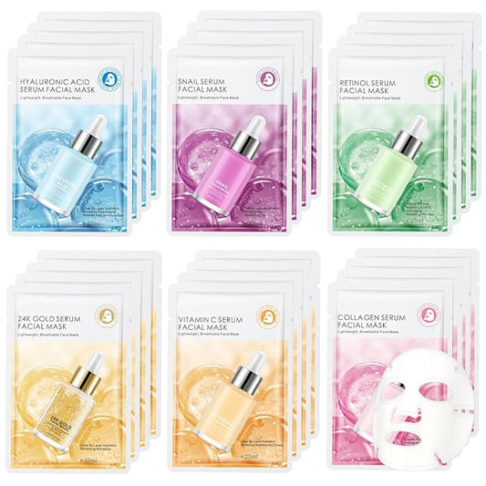 24 Pack Sheet Face Masks Skincare for All Skin Types, Gentle & Nourishing Skincare Face Masks, Suitable for Sensitive Skin, Bulk Facial Mask Set for Women & Face Spa