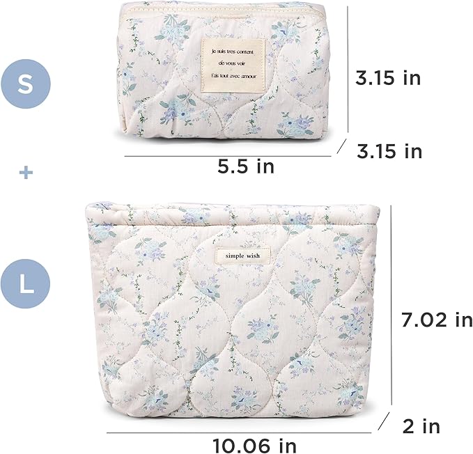 2 Pieces Floral Makeup Bag, Cute Travel Quilted Pouch Cosmetic Bag Organizer, Small Cotton Coquette Aesthetic Purse Toiletry Bag for Women Girls accessories (2PCS-Blue Floral)