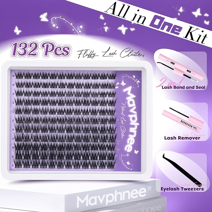 Mavphnee Lash Clusters Kit Feathery Eyelash Extensions Kit LC-Curly Natural Cluster Lashes Kit Wispy Individual Lash Extensions Kit with Waterproof Lash Bond and Seal and Remover and Tweezers