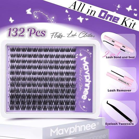 Mavphnee Lash Clusters Kit Feathery Eyelash Extensions Kit LC-Curly Natural Cluster Lashes Kit Wispy Individual Lash Extensions Kit with Waterproof Lash Bond and Seal and Remover and Tweezers