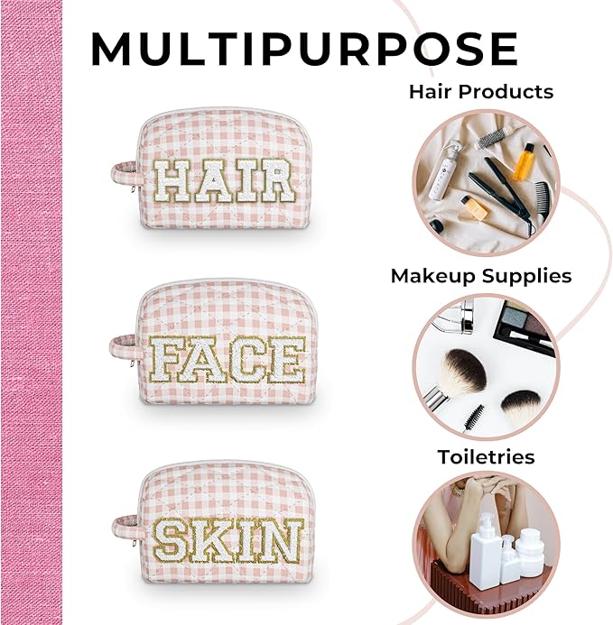 3pc Checker Makeup Cosmetic Bag Preppy Patch Travel Pouch for Women Chenille Letter Patch Small Portable Cosmetic Bag (Pink & White) (Bag With Handle)