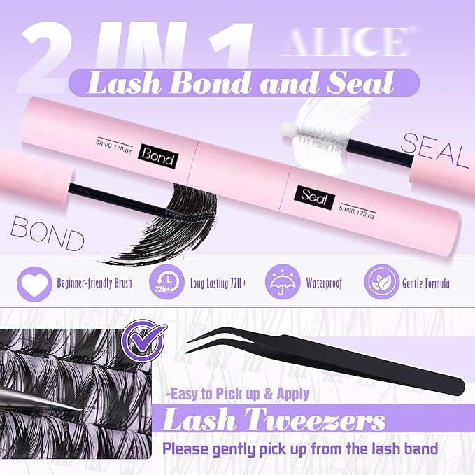 ALICE Lash Clsusters Kit Wispy Eyelash Clusters Kit Cluster 10-18mm Natural Eyelash Extension Kit 168pcs Thin Band Individual Lashes Kit with Lash Glue Bond and Seal DIY at Home