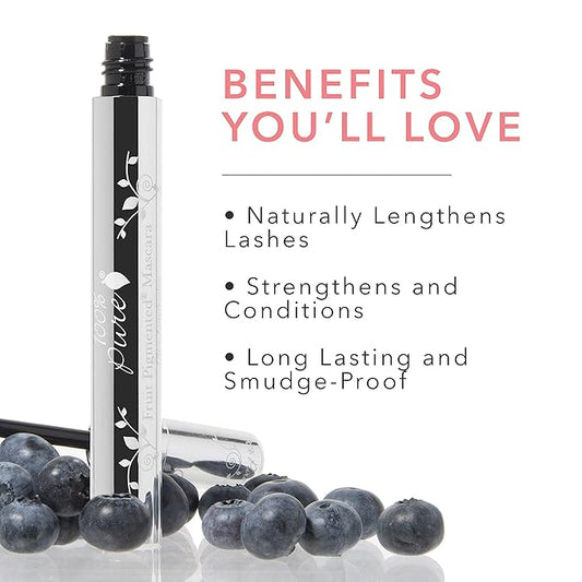 100% PURE Ultra Lengthening Mascara Dramatic Intense Volume & Length Natural Fruit Pigmented Voluminous Eyelash Makeup No Clumping, Smudging or Flaking - Vegan, Blueberry Color - 0.35 oz