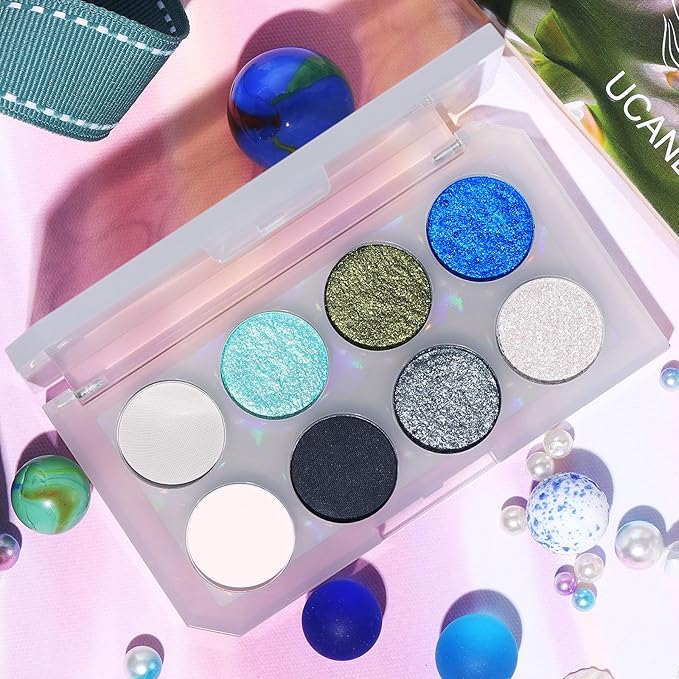 UCANBE 8 Colors Eyeshadow Makeup Palette, Vibrant Smokey Matte Metallic Shimmer Glitter Eye Shadow Pallet, High Pigmented Black Blue Silver Gold Make Up Kit for Daily and Parties