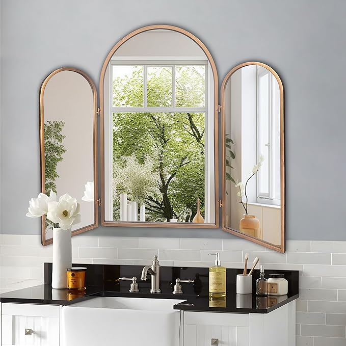 3 Way Mirror Bathroom, Trifold Vanity Mirrors for Bathroom Bedroom, Large Arch Mirrors Decorative Vintage Gold, Adjustable Makeup Mirror for Braiding Hair 360° Way Tabletop & Wall Mounted