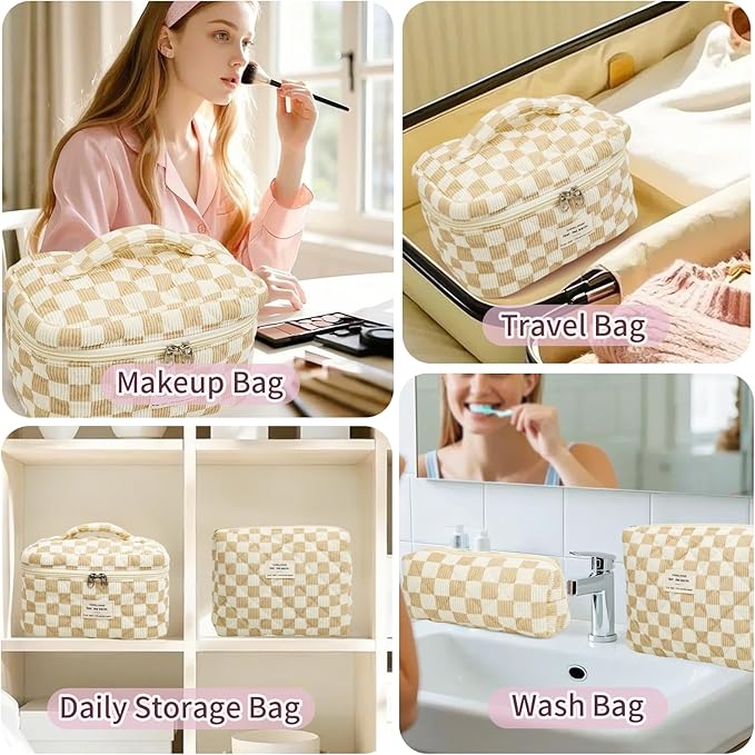 3Pcs Cotton Quilted Makeup Bag Set,Large Floral Cosmetic Bag，Aesthetic Toiletry Travel Makeup Bag Set and Cute Flower Bag for Women Girls (White Brown Plaid)