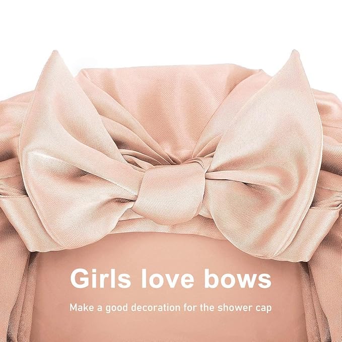 Auban Extra Large Shower Cap, Bowknot Double Layer Reusable Bath Hair Caps With Silky Satin for Women Beauty Bathing, Hair Spa, Home Hotel Travel Use (Beige)