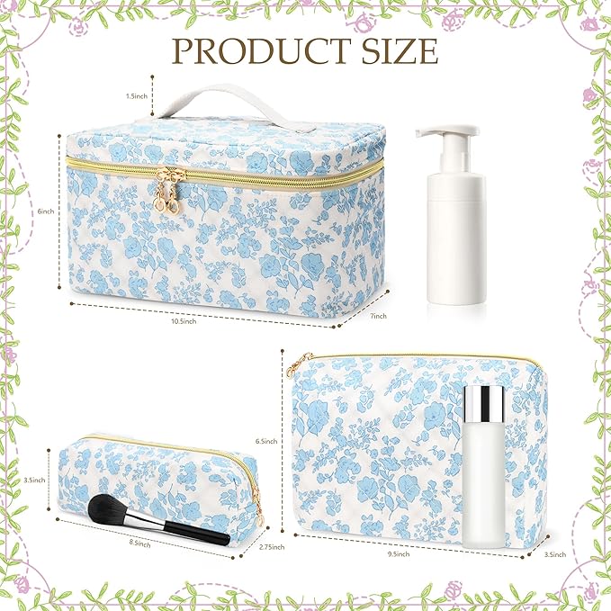 3 PCS Travel Makeup Bag Set, Large Cotton Make up Bag Quilted for Women, Floral Cosmetic Bag Toiletry Bag for Girls Cute Flower Toiletry Bag Travel Accessories Brushes Kawaii Stuff - Blue Flower
