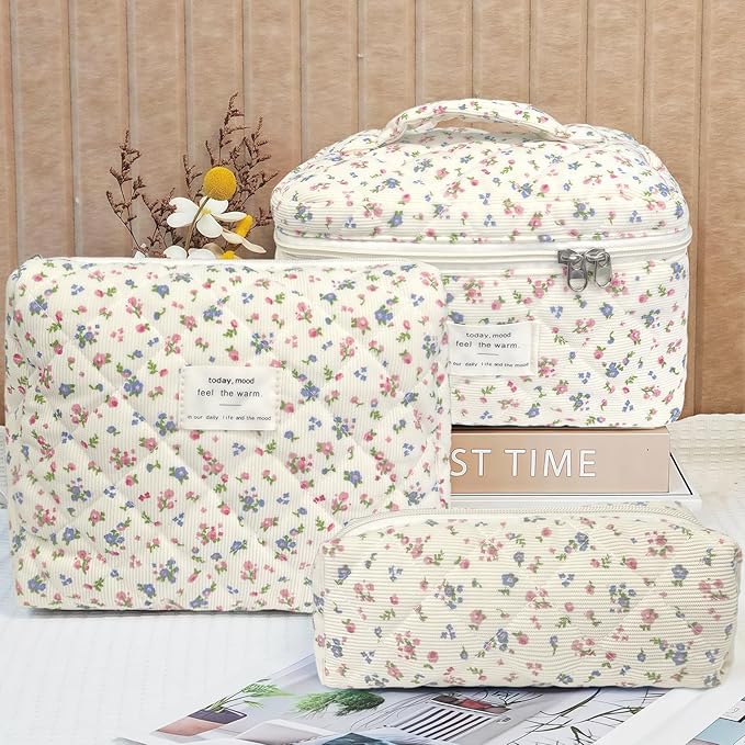3 Piece Floral Corduroy Quilted Makeup Bag Set, Large Capacity Travel Makeup Bags for Women and Girls, Includes Small, Medium, and Large aesthetic makeup&Cosmetic Bags