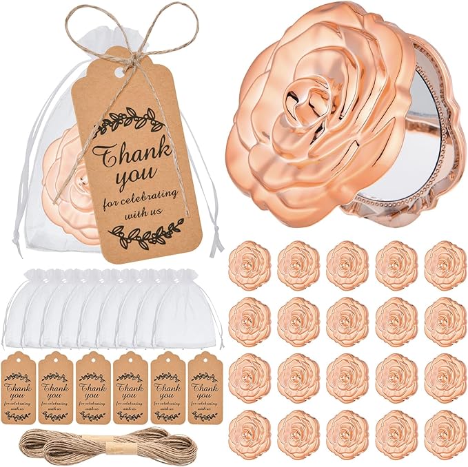 24 Pcs Rose Compact Mirror Bulk Wedding Party Favors for Guests, Rose Gold Portable Folding Travel Makeup Mirrors Set, Return Gifts for Quinceanera Bachelorette Wedding Bridal Shower Party Souvenirs