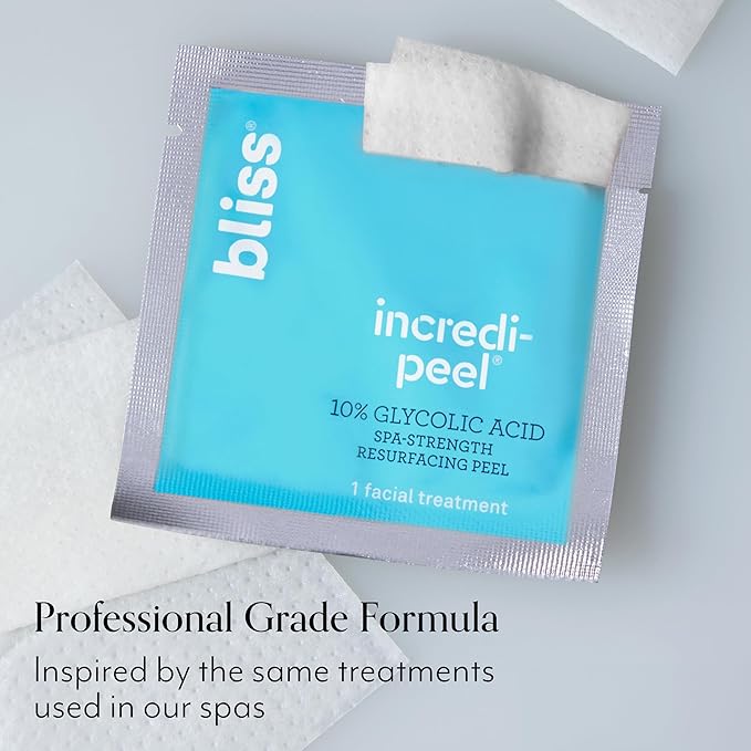 Bliss That's Incredi-Peel Glycolic Resurfacing Facial Pads - 15 ct - Single-Step Pads for Exfoliating and Brightening - Targets Fine Lines and Discoloration - Travel-Friendly - Vegan & Cruelty-Free