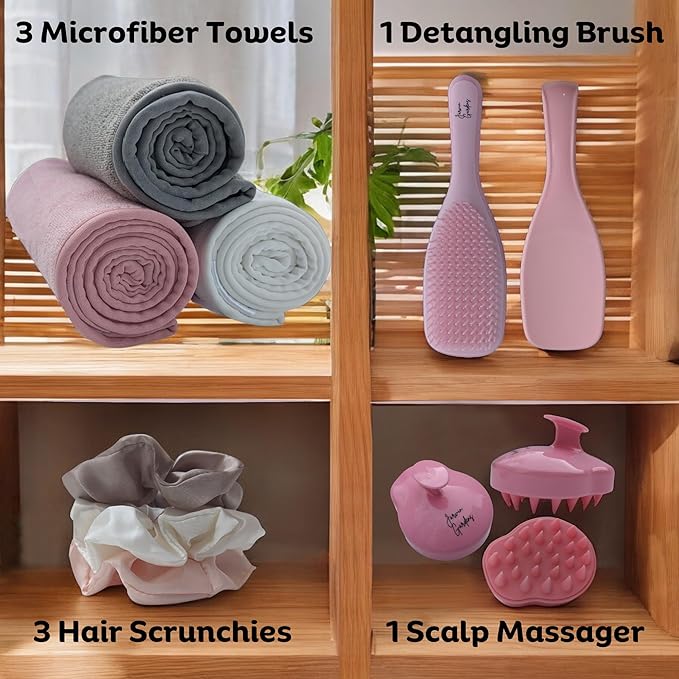 Hair Care Gift Set for Women – 8-Piece Spa Accessories Box with Detangler Brush, 3 Microfiber Towels, 3 Satin Scrunchies & Scalp Massager Shampoo Brush - Hair Styling & Self-Care Gift