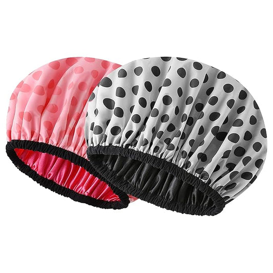 2 Pcs Shower Caps for Women Reusable Waterproof Double Waterproof Layers Bathing Hat large Shower Cap for Women (Black Red)