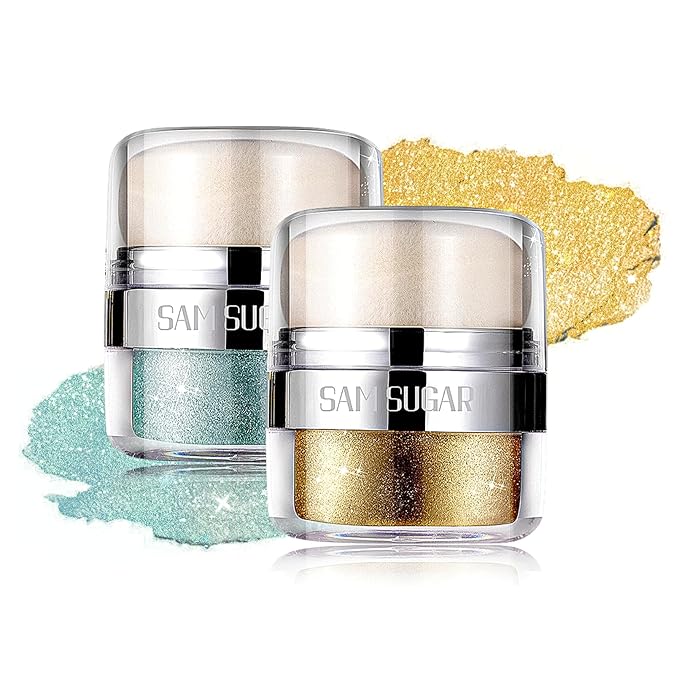 Body Shimmer Powder, 2PCS Glitter Highlighter Powder for Face, Liquid Highlighter Blush Body Glow Shimmer Stick for Eyes, Hair (2, Cyan/Gold, 32 g)