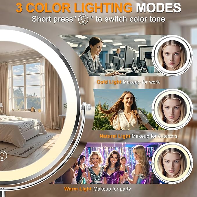 8.7" Large Lighted Makeup Mirror, 1X/10X Magnifying Mirror with 3 Color Dimmable Lights, Double Sided Vanity Mirror, Height Adjustable, 360° Swivel Cosmetic Mirror for Women Girl(Silver)
