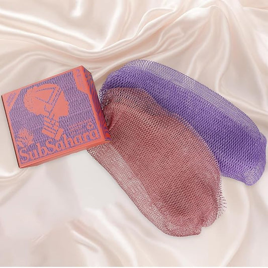 SubSahara Authentic African Net Sponge - 2 Pieces Exfoliating Scrubber for All Skin Types, Bath Sponge for Face & Body, Travel Portable, Durable, Gentle Exfoliation (Blush Pink & Lavender Purple)