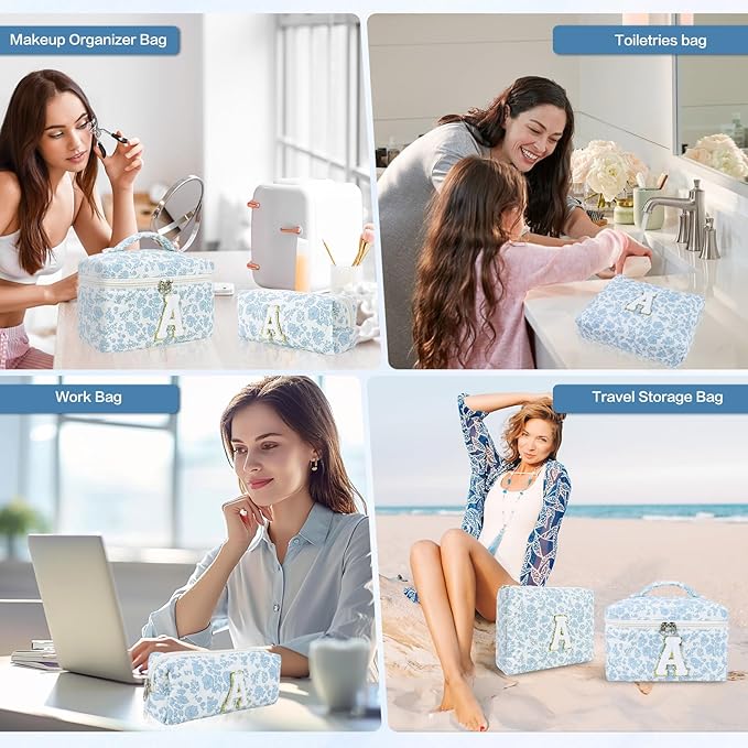 3 Pcs Travel Initial Quilted Makeup Bag set, Toiletry Personalized Floral Makeup Bag Birthday Gifts for teens girls and women, Cosmetic bags makeup organizer bag set-A