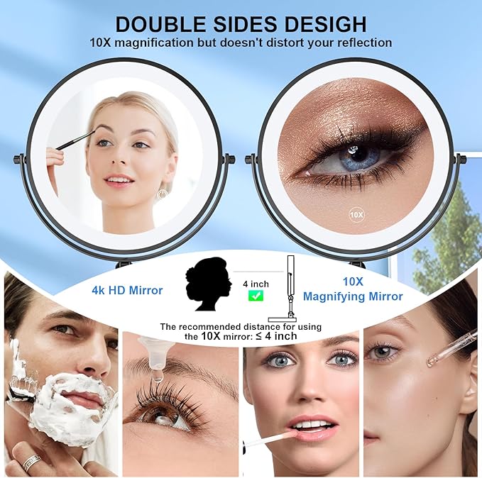 Makeup Mirror with Lights[Brightness Enhanced Version], Real 2000mah Rechargeable Double Sided 10x Magnifying Mirror with 3 Colors Table Vanity Mirror with Adjustable Height and Stand,Black